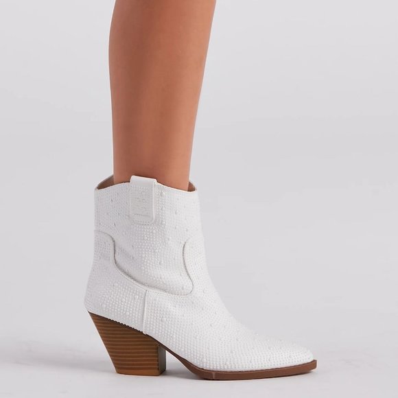 NEW🔥Ivory Faux Pearl Embellished Cowboy Cowgirl Western Heel Ankle Booties Boot - Picture 4 of 12